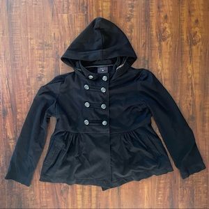 Forever 21 black hooded pea coat in size large